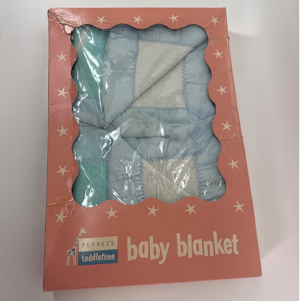 Penney's Toddletime Vintage Baby Crib Blanket 36x50 Blue Satin Trim Cotton NIB